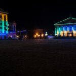 Main square of night city lights at Ternopil, Ukraine, Europe.